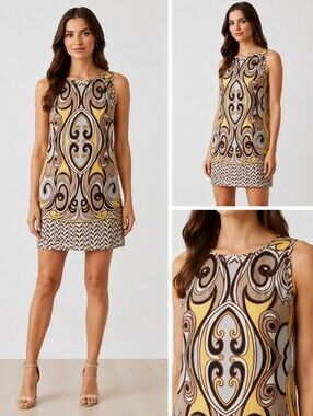 NELL 100% Silk Dress Yellow Black White Sleeveless Mod Chic 6 S Artsy Retro Mod‎